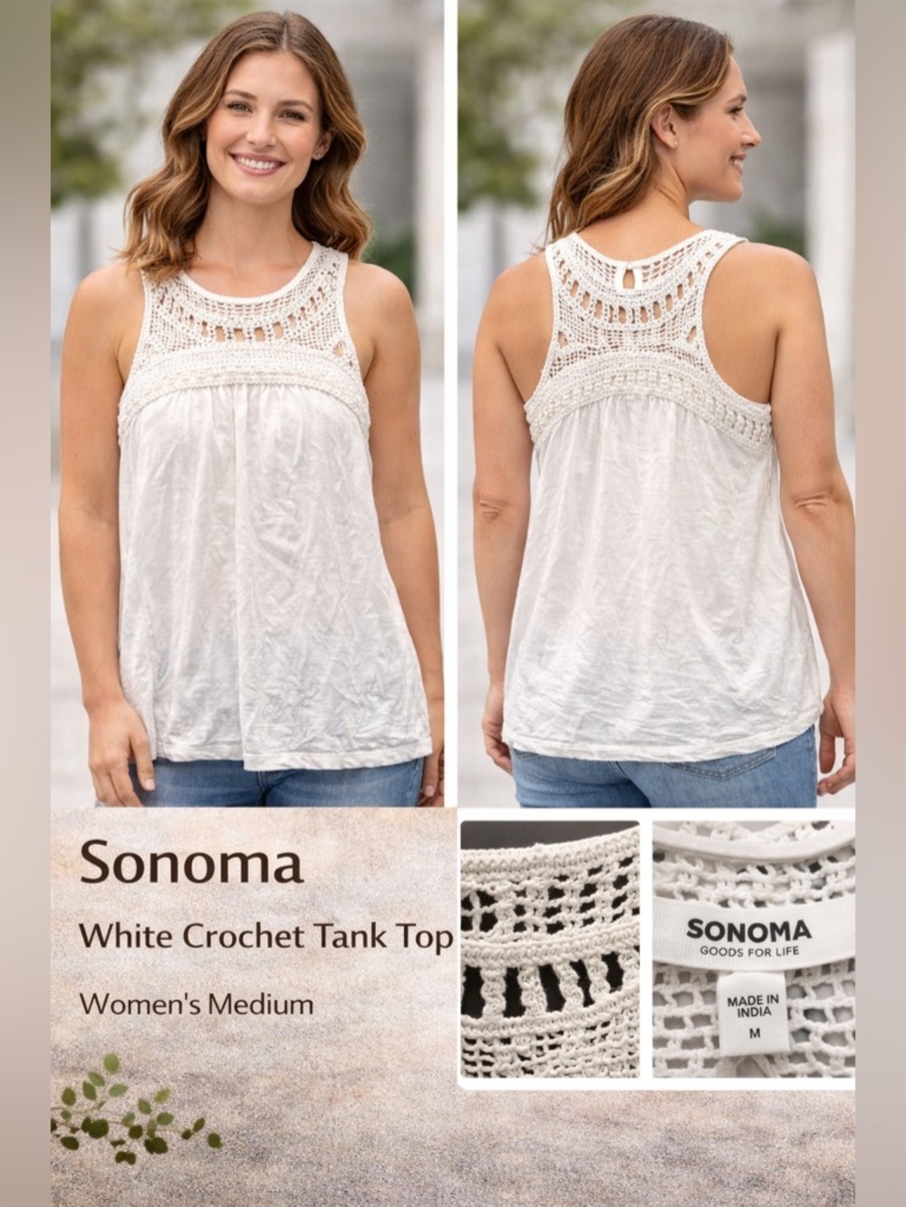 Sonoma White Crochet Yoke Tank Top MEDIUM
